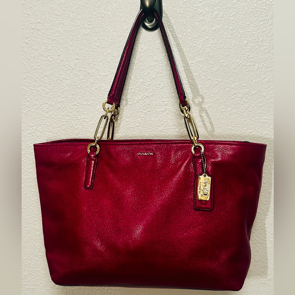 Coach 2013 Raspberry Gold Lg Leather Zip Tote Bag Both Original Keychain Tags